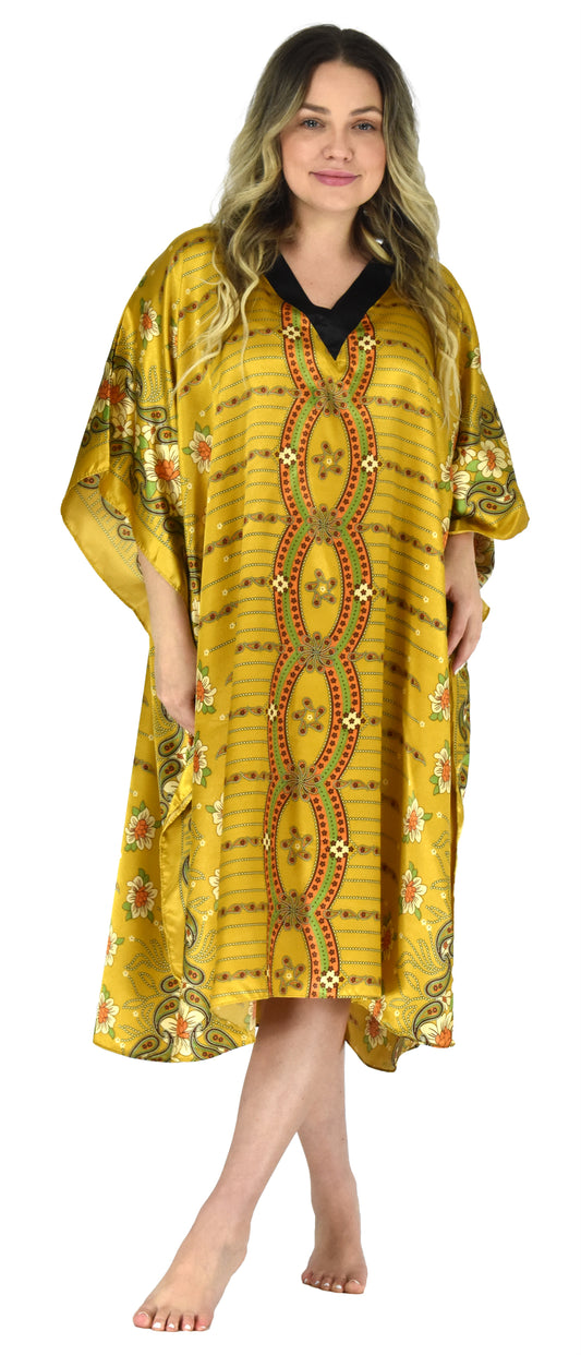 Women's Short Satin Caftan / Kaftan / Muumuu, Unique Golden Print, CShort-36C3