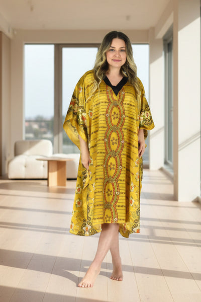 Women's Short Satin Caftan / Kaftan / Muumuu, Unique Golden Print, CShort-36C3