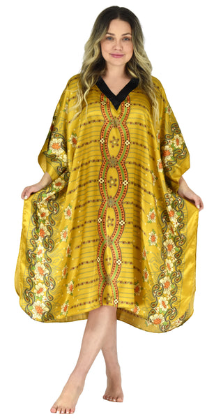 Women's Short Satin Caftan / Kaftan / Muumuu, Unique Golden Print, CShort-36C3