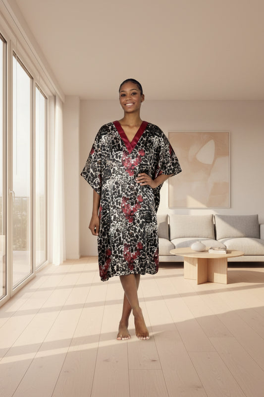 Women's Short Satin Caftan / Kaftan / Muumuu, Rose Petal Bloom Print
