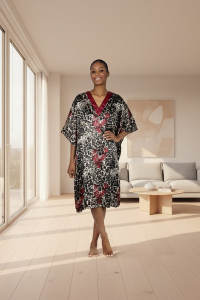 Women's Short Satin Caftan / Kaftan / Muumuu, Rose Petal Bloom Print