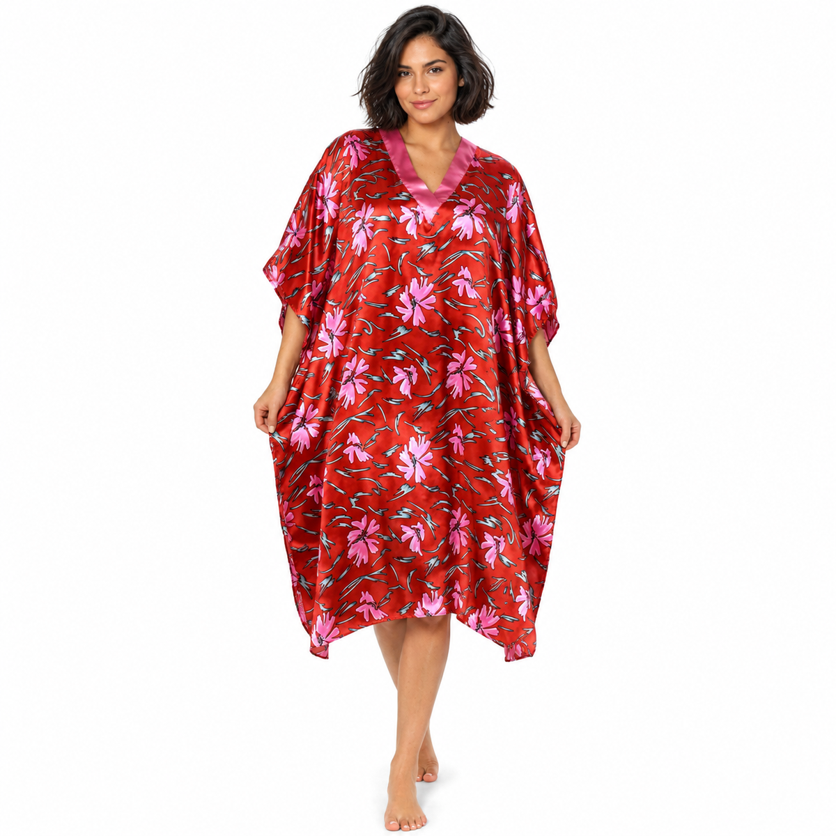 Women's Short Satin Caftan / Kaftan / Muumuu, Coral Lilies Print
