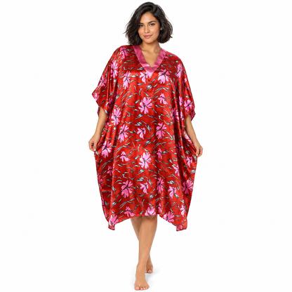 Women's Short Satin Caftan / Kaftan / Muumuu, Coral Lilies Print