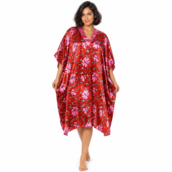 Women's Short Satin Caftan / Kaftan / Muumuu, Coral Lilies Print