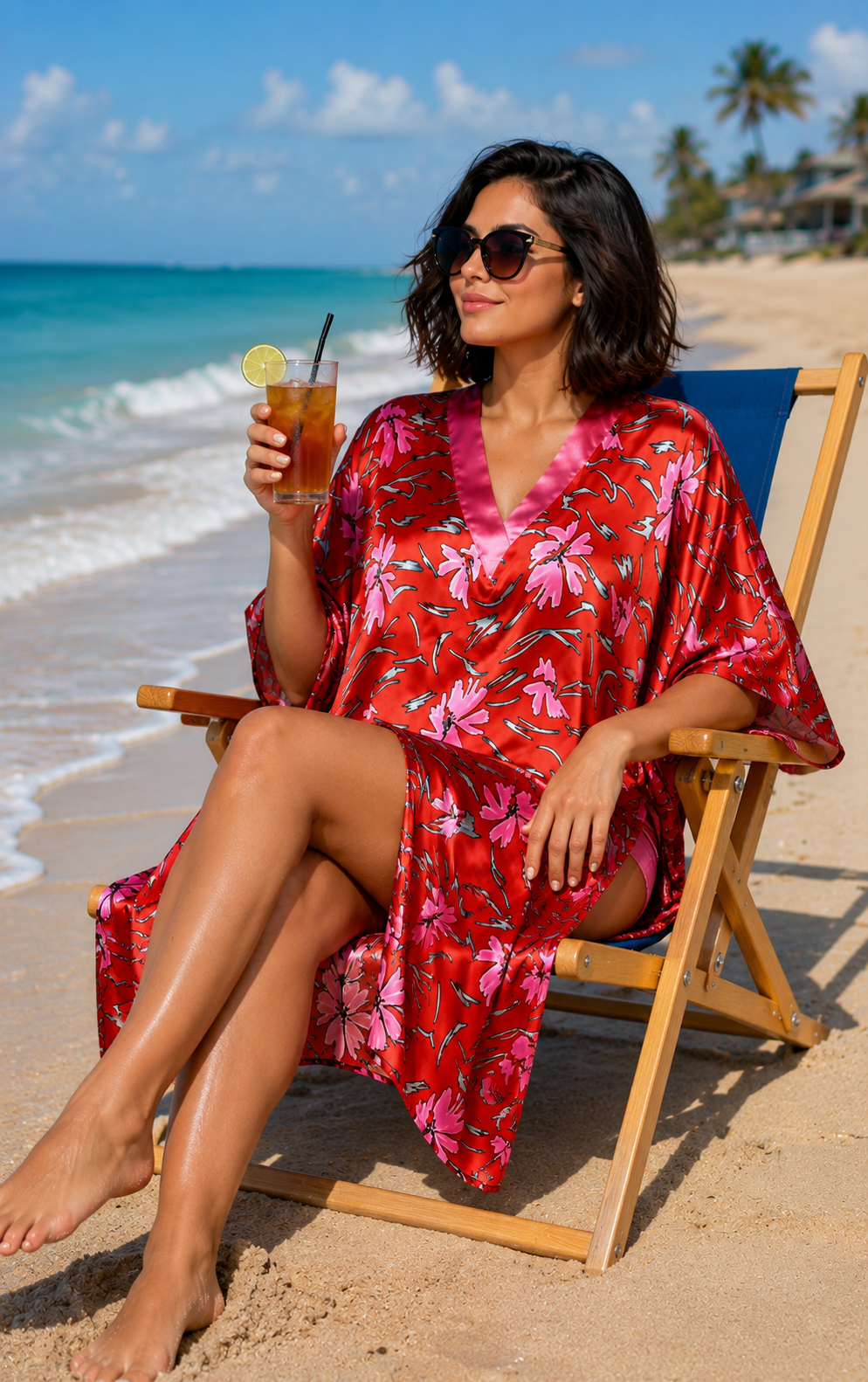 Women's Short Satin Caftan / Kaftan / Muumuu, Coral Lilies Print
