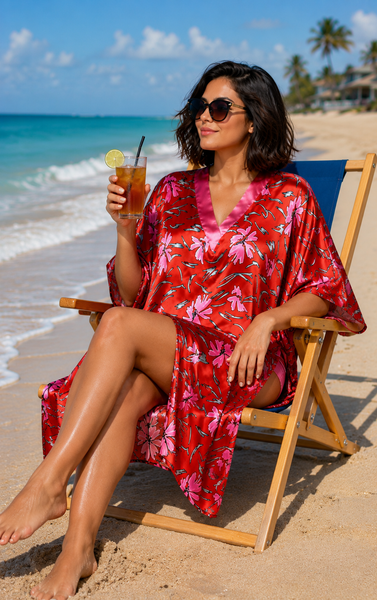 Women's Short Satin Caftan / Kaftan / Muumuu, Coral Lilies Print