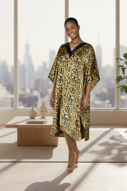 Women's Short Satin Caftan / Kaftan / Muumuu, Animal Print, CShort-64