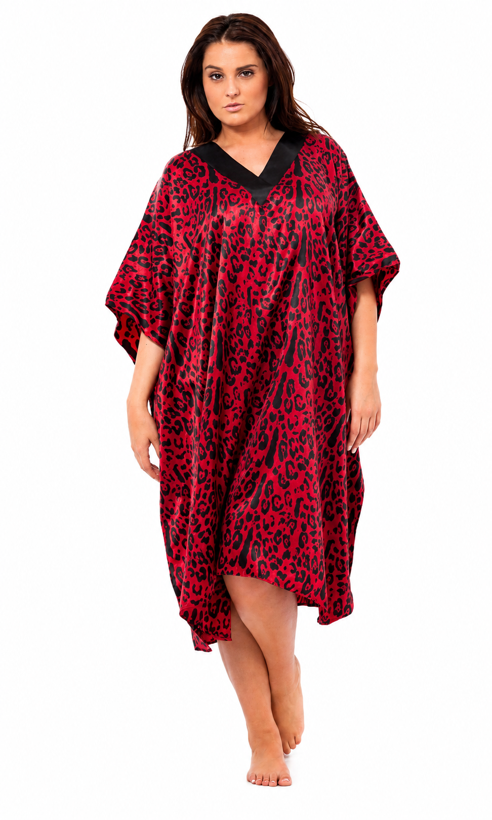 Women's Short Satin Caftan / Kaftan / Muumuu, Red Tiger Animal Print