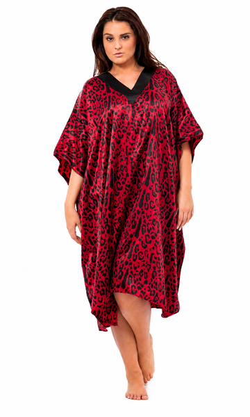 Women's Short Satin Caftan / Kaftan / Muumuu, Red Tiger Animal Print