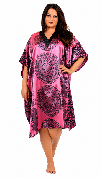 Women's Short Satin Caftan / Kaftan / Muumuu, Pink Mandala Print