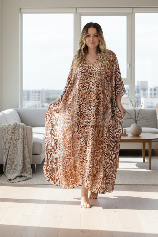 Women's Long Satin Caftan / Kaftan / Muumuu, Gold and Black Animal Print