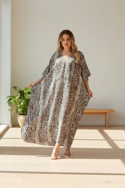 Women's Long Satin Caftan / Kaftan / Muumuu, Classic Animal Print
