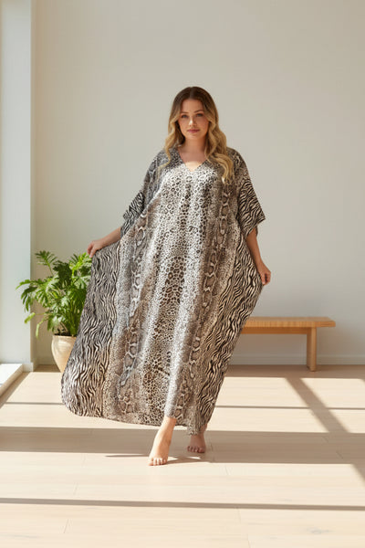 Women's Long Satin Caftan / Kaftan / Muumuu, Classic Animal Print
