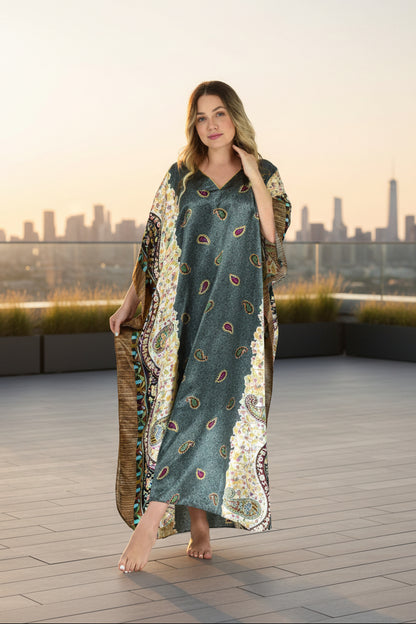 Up2date Fashion Women Satin Kaftan,Unique Paisley Print Caftan, Plus Size, Style Caf-04