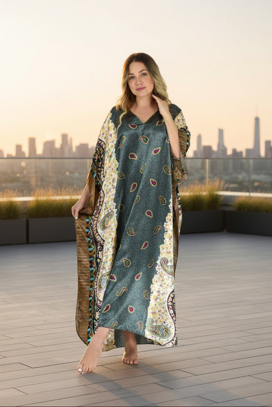Up2date Fashion Women Satin Kaftan,Unique Paisley Print Caftan, Plus Size, Style Caf-04