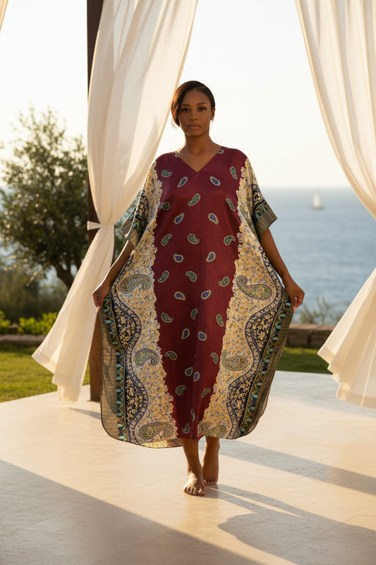 Up2date Fashion Satin Caftan in Burgundy Paisley Print, One Size, Style Caf-04C2