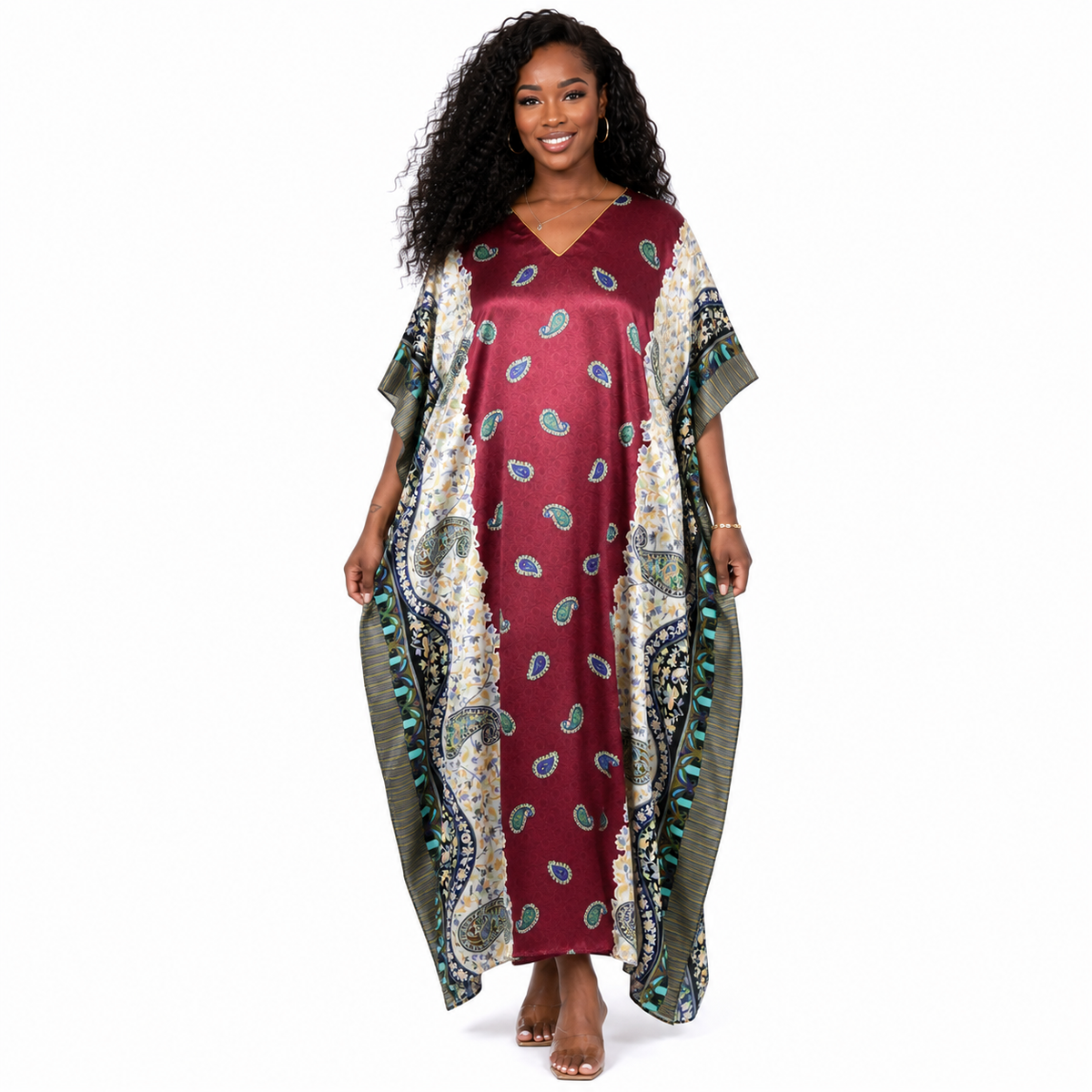 Up2date Fashion Satin Caftan in Burgundy Paisley Print, One Size, Style Caf-04C2