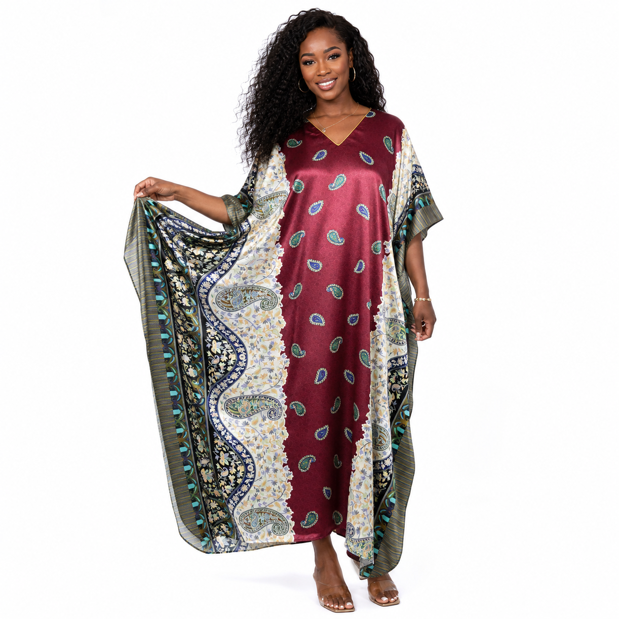 Up2date Fashion Satin Caftan in Burgundy Paisley Print, One Size, Style Caf-04C2