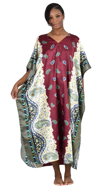 Up2date Fashion Satin Caftan in Burgundy Paisley Print, One Size, Style Caf-04C2