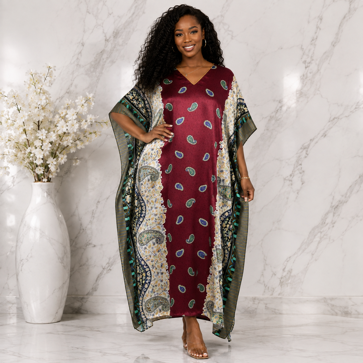 Up2date Fashion Satin Caftan in Burgundy Paisley Print, One Size, Style Caf-04C2