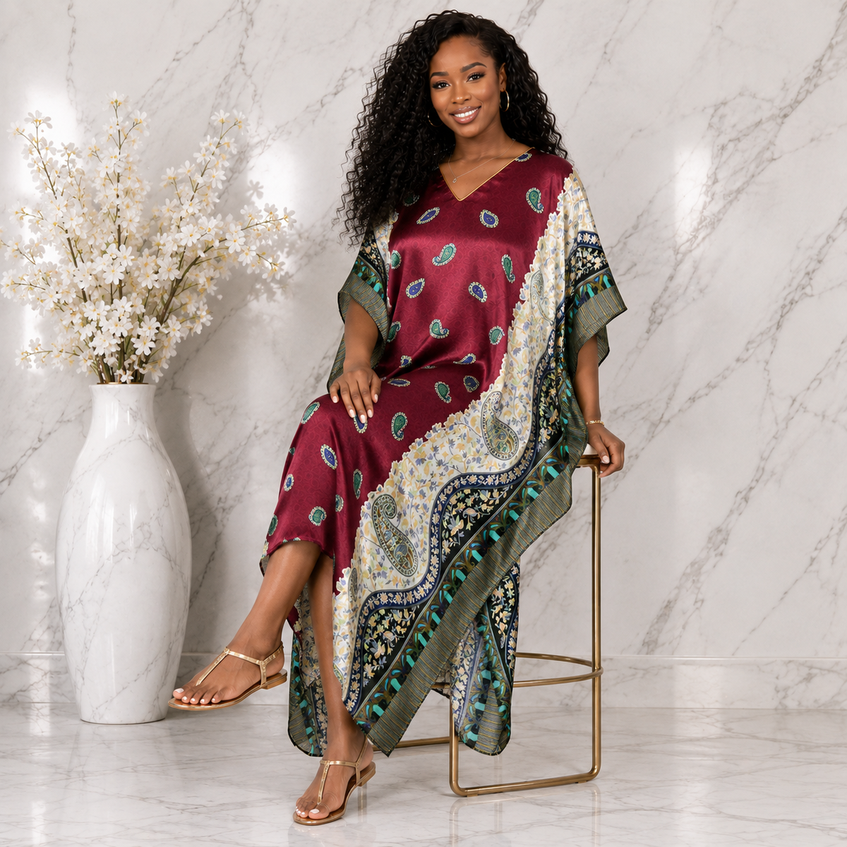Up2date Fashion Satin Caftan in Burgundy Paisley Print, One Size, Style Caf-04C2