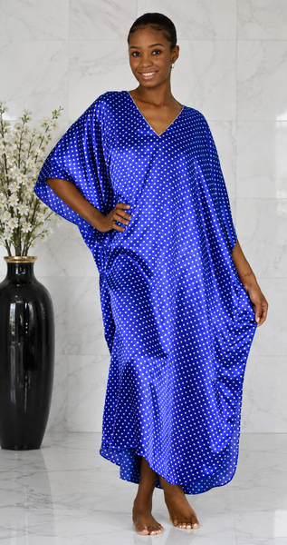 Women's Long Satin Caftan / Kaftan / Muumuu, Blue with Polka Dots Print
