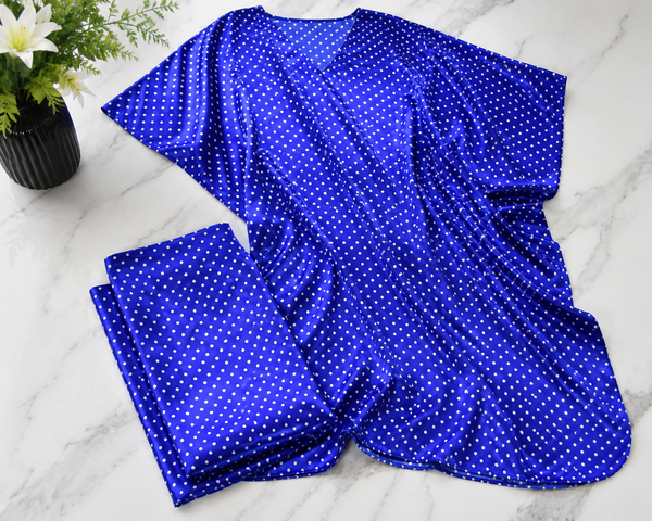 Women's Long Satin Caftan / Kaftan / Muumuu, Blue with Polka Dots Print