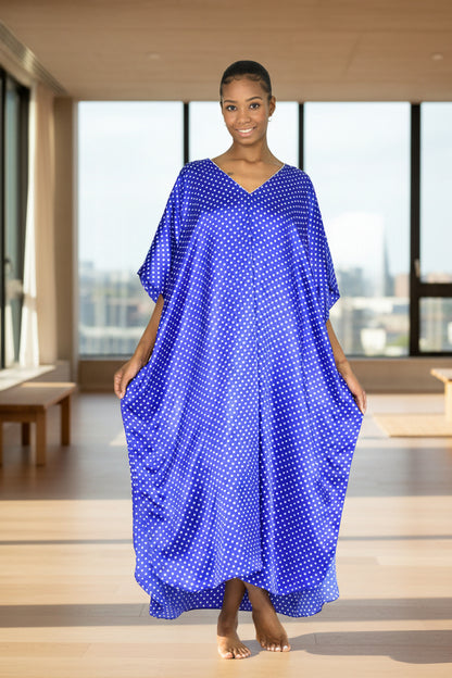 Women's Long Satin Caftan / Kaftan / Muumuu, Blue with Polka Dots Print