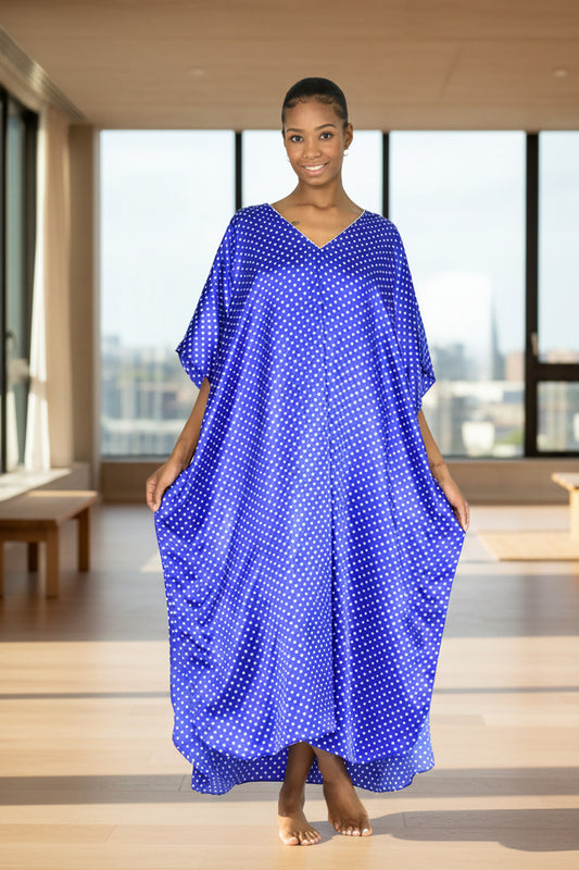 Women's Long Satin Caftan / Kaftan / Muumuu, Blue with Polka Dots Print