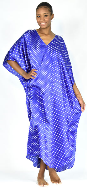 Women's Long Satin Caftan / Kaftan / Muumuu, Blue with Polka Dots Print
