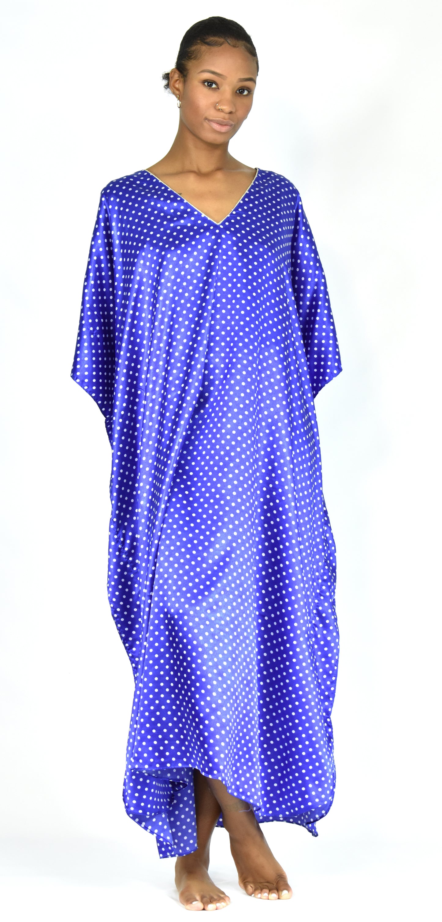Women's Long Satin Caftan / Kaftan / Muumuu, Blue with Polka Dots Print