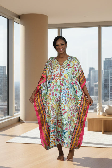 Women's Long Satin Caftan / Kaftan / Muumuu, Bright Red Floral Print, Style Caf-101