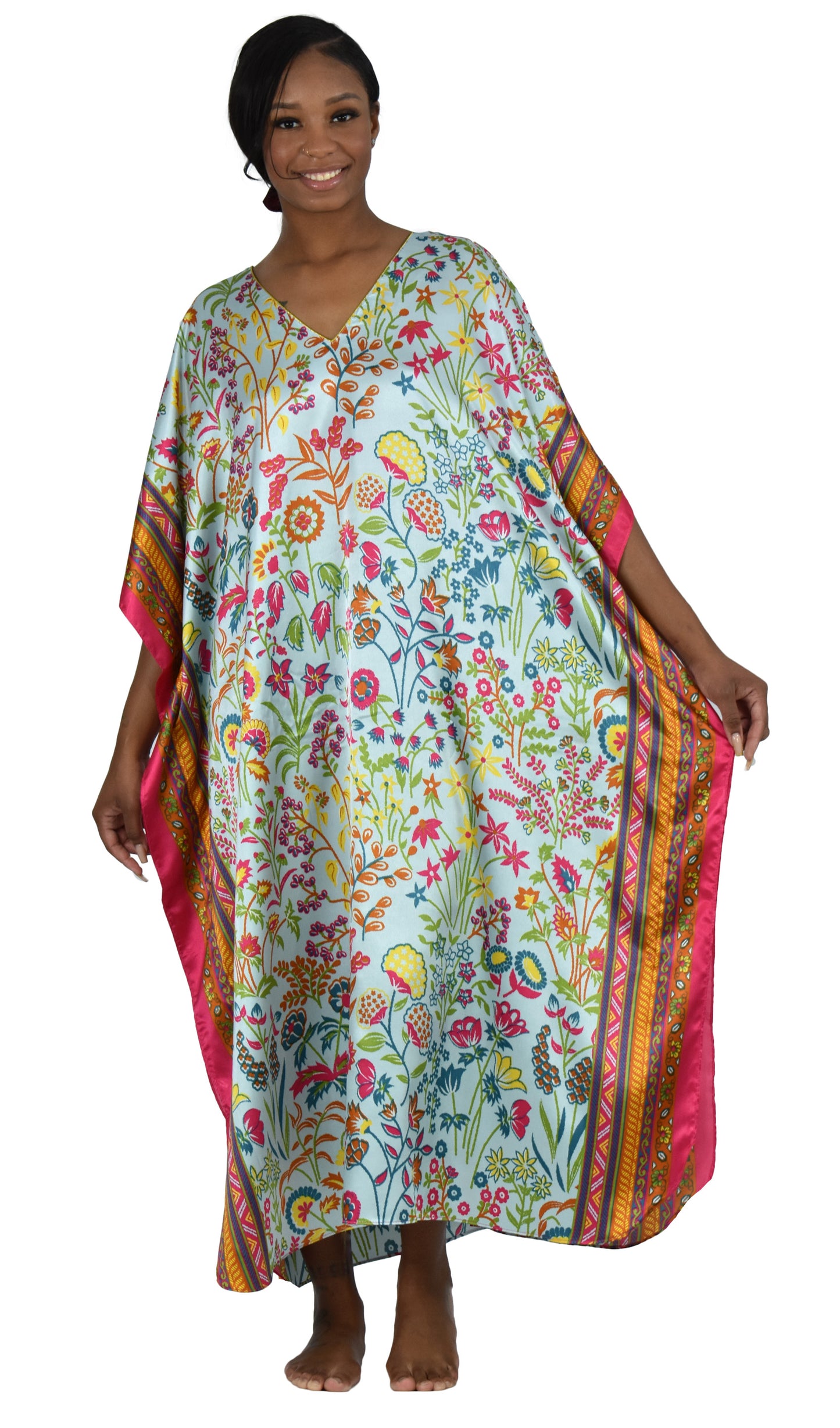 Women's Long Satin Caftan / Kaftan / Muumuu, Bright Red Floral Print, Style Caf-101