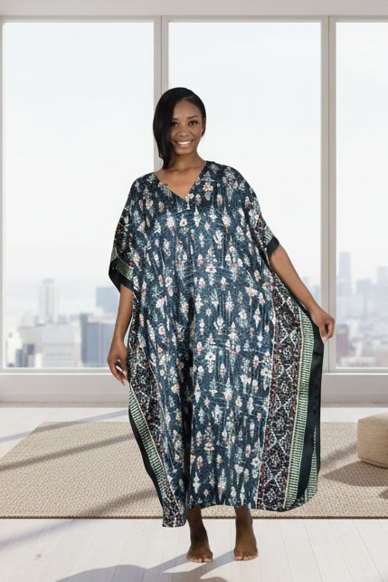 Women's Long Satin Caftan / Kaftan / Muumuu, Black Floral Print, Style Caf-103