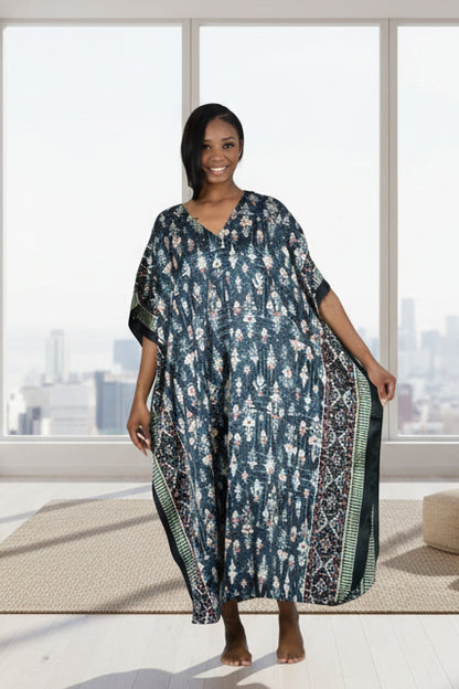Women's Long Satin Caftan / Kaftan / Muumuu, Black Floral Print, Style Caf-103