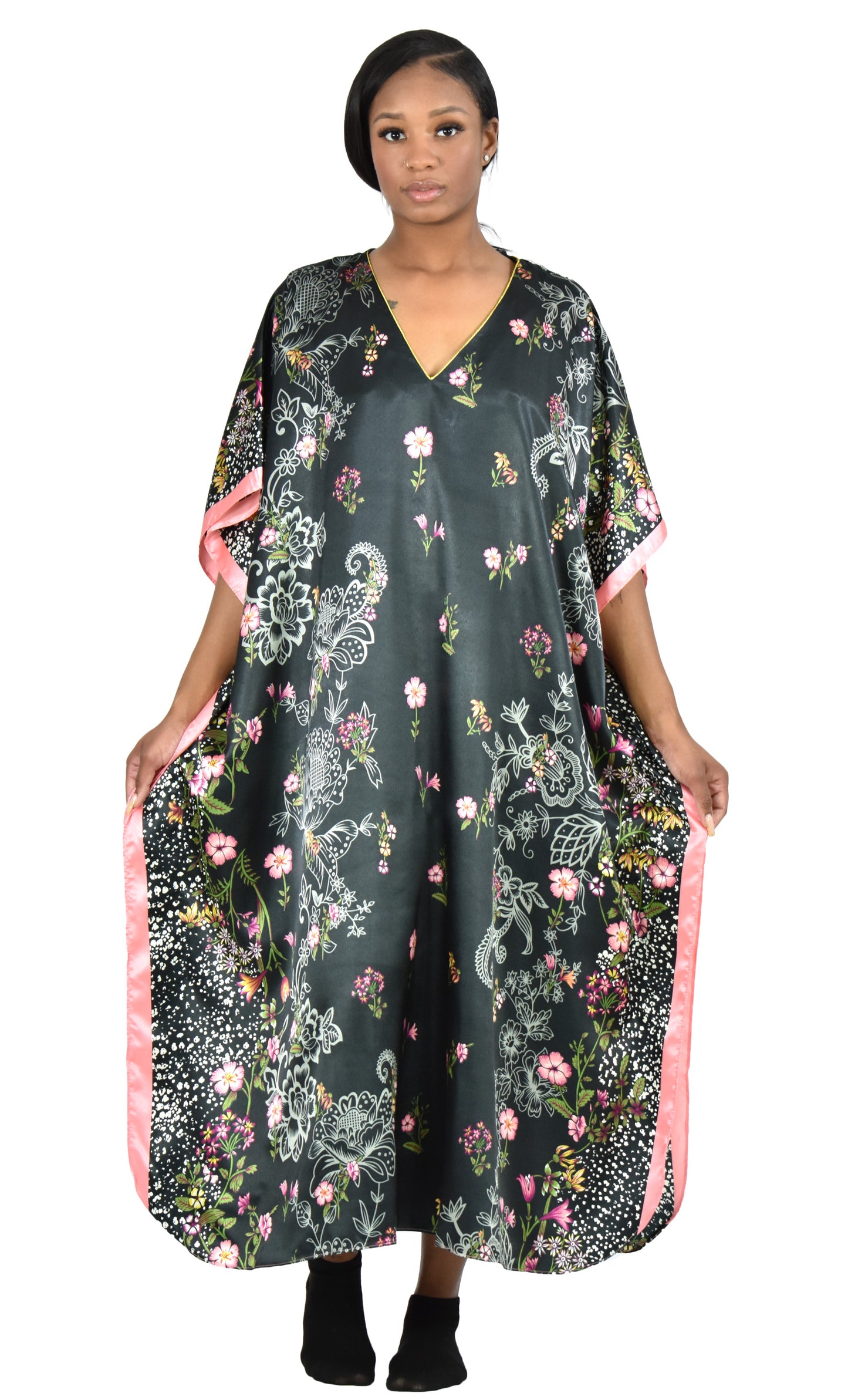 Women's Long Satin Caftan / Kaftan / Muumuu, Spring Sky Floral Print, Style Caf-104
