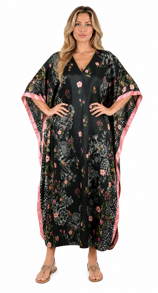 Women's Long Satin Caftan / Kaftan / Muumuu, Spring Sky Floral Print, Style Caf-104