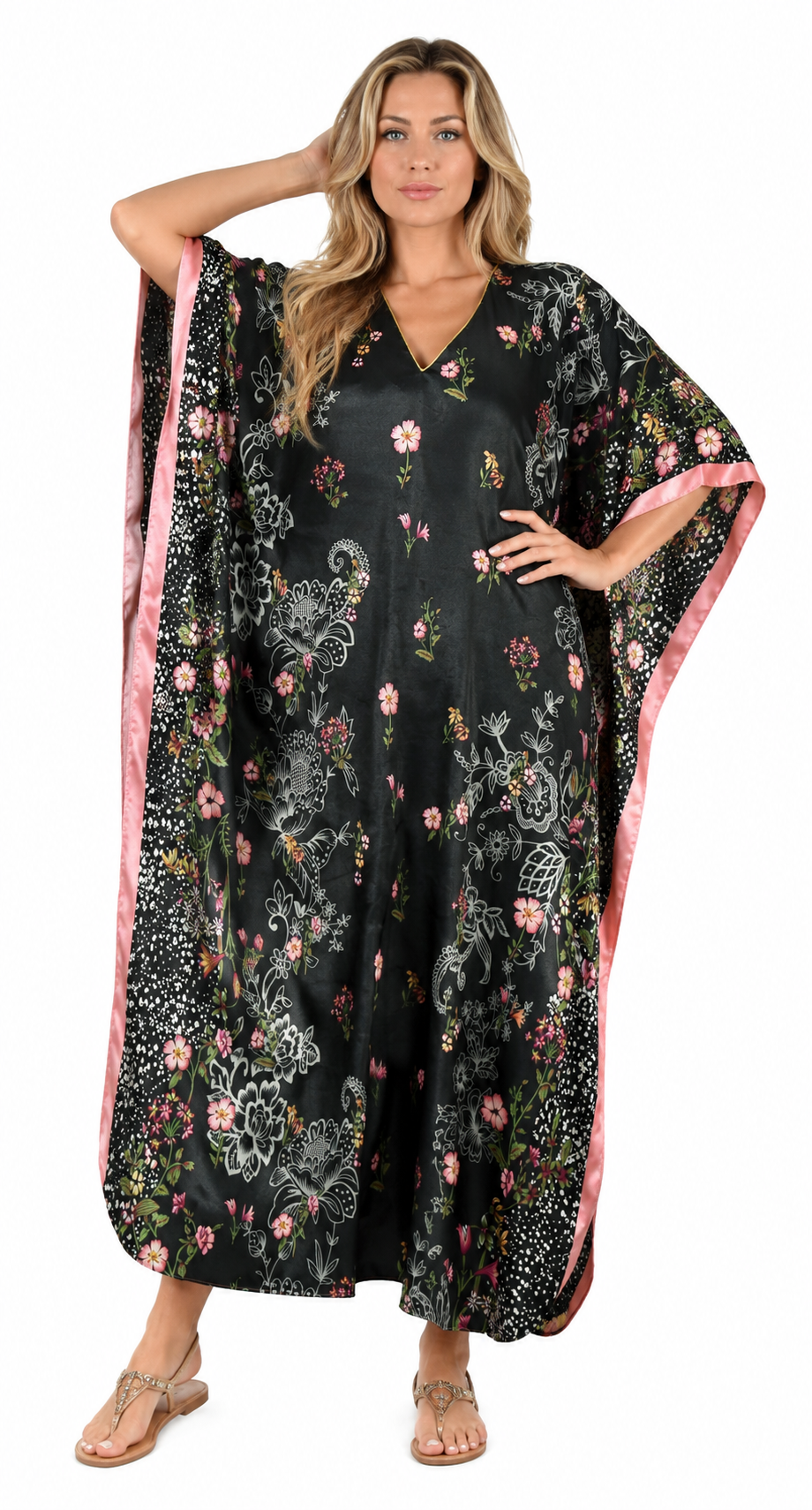 Women's Long Satin Caftan / Kaftan / Muumuu, Spring Sky Floral Print, Style Caf-104