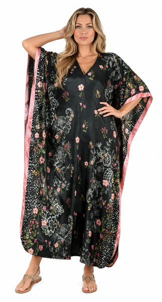 Women's Long Satin Caftan / Kaftan / Muumuu, Spring Sky Floral Print, Style Caf-104