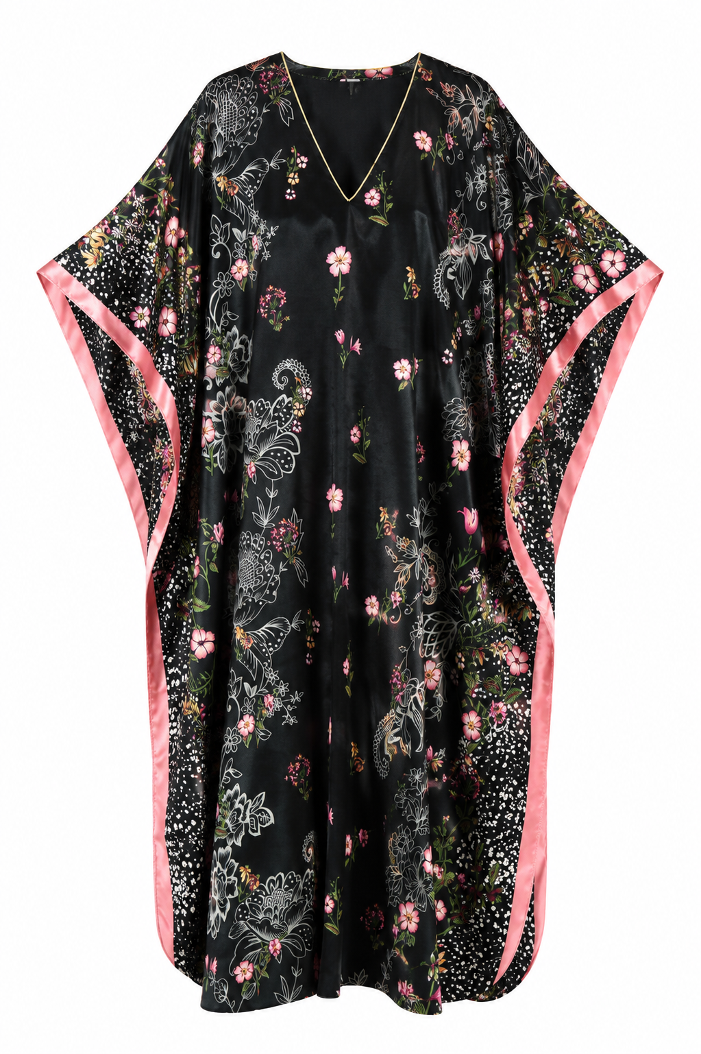 Women's Long Satin Caftan / Kaftan / Muumuu, Spring Sky Floral Print, Style Caf-104