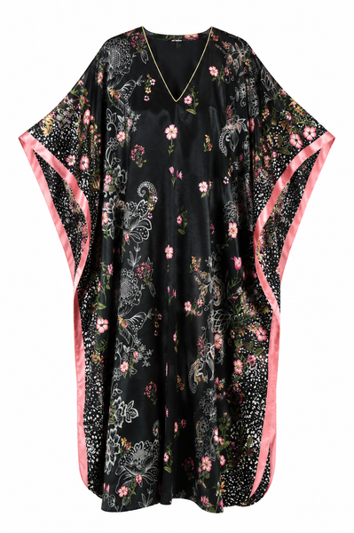 Women's Long Satin Caftan / Kaftan / Muumuu, Spring Sky Floral Print, Style Caf-104