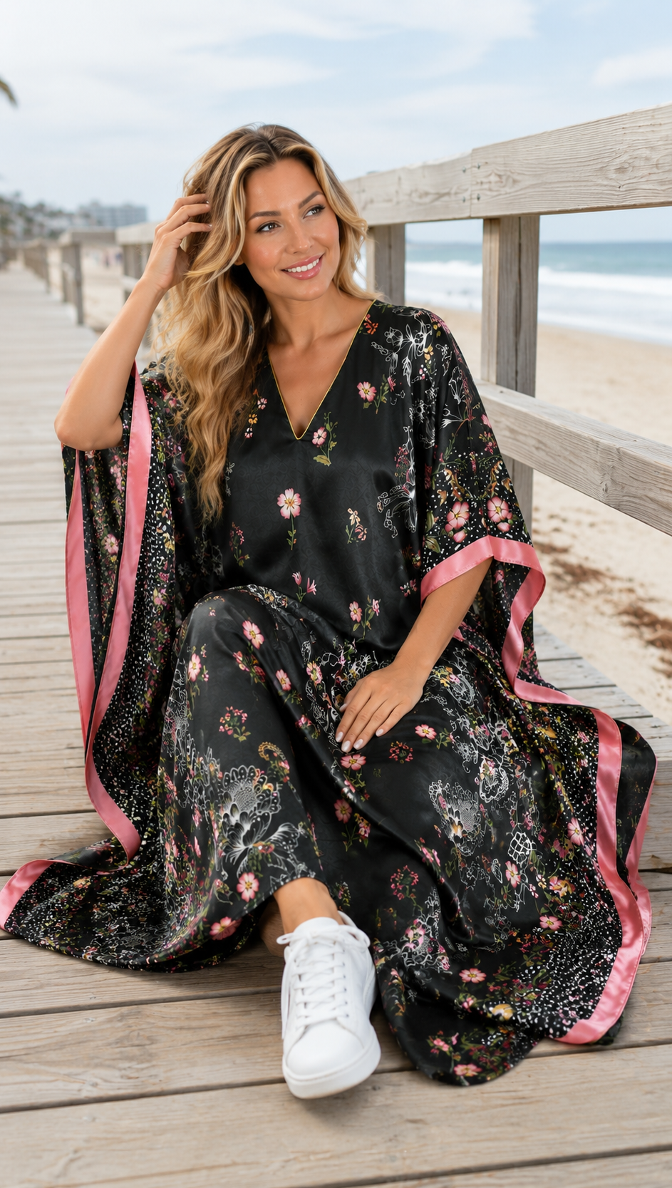 Women's Long Satin Caftan / Kaftan / Muumuu, Spring Sky Floral Print, Style Caf-104