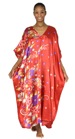 Up2date Fashion Women Satin Caftan in Charming Red Floral Breeeze Print, One Size, Style Caf-11C3