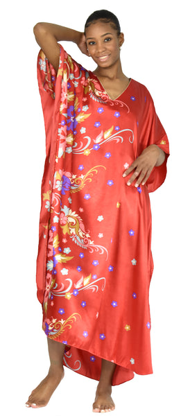 Up2date Fashion Women Satin Caftan in Charming Red Floral Breeeze Print, One Size, Style Caf-11C3