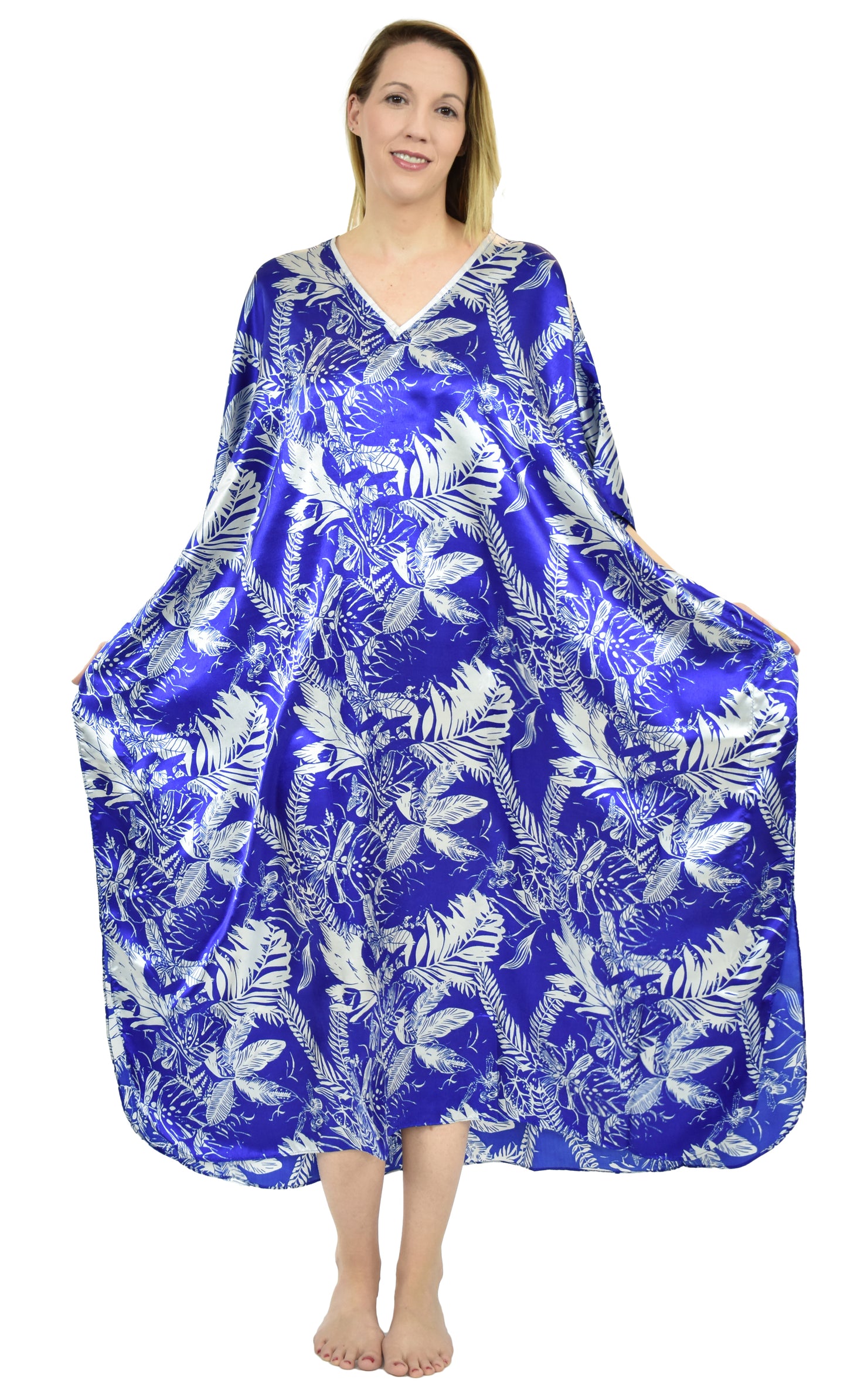 Women's Long Satin Caftans / Kaftans / Muumuus, Three-Piece Blue Print Value Pack 11