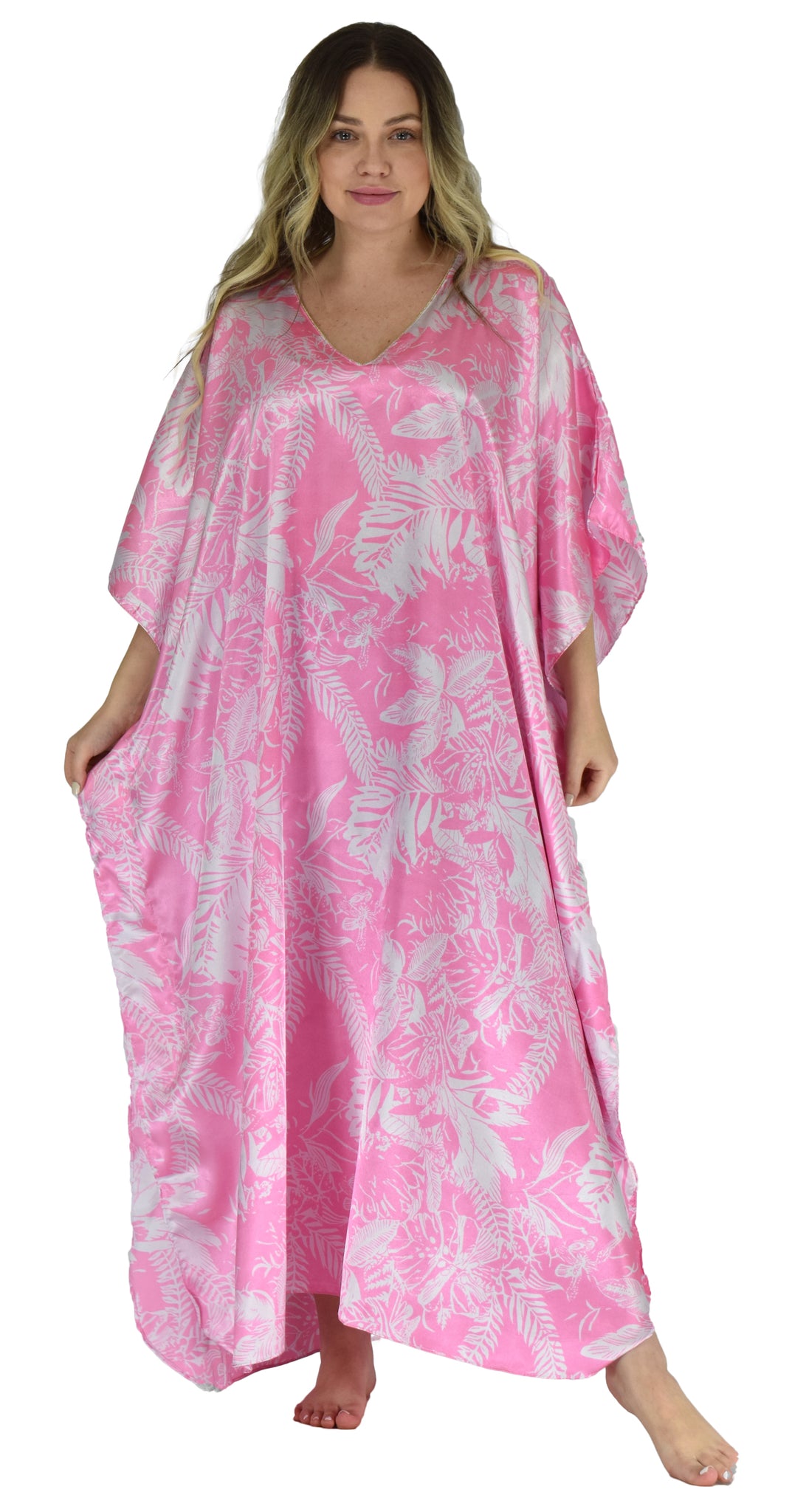 Women's Long Satin Caftan / Kaftan / Muumuu, Spheroid Floral Print in Pink, Style Caf-15P