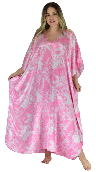 Women's Long Satin Caftan / Kaftan / Muumuu, Spheroid Floral Print in Pink, Style Caf-15P