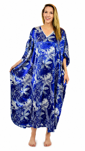 Women's Long Satin Caftan / Kaftan / Muumuu, Tropical Sapphire Print