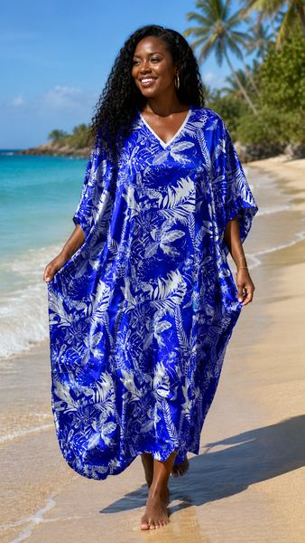 Women's Long Satin Caftan / Kaftan / Muumuu, Tropical Sapphire Print