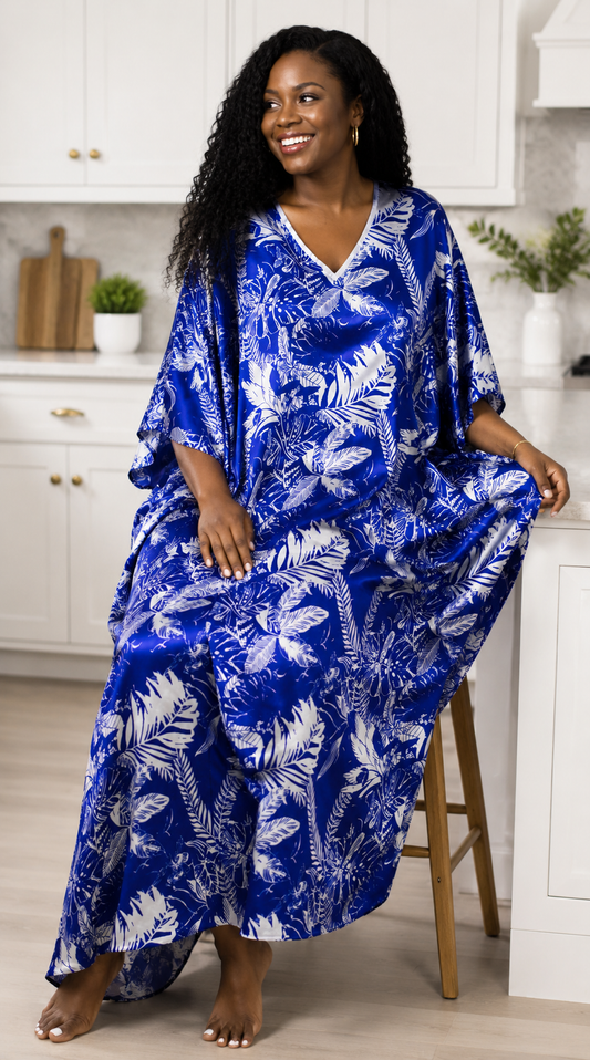 Women's Long Satin Caftan / Kaftan / Muumuu, Tropical Sapphire Print